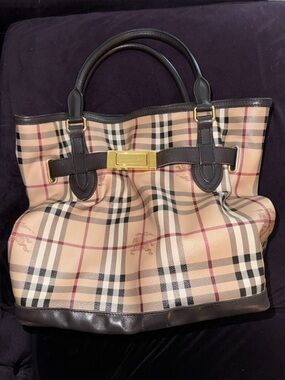 Burberry Classic Beige Check Tote with Dark Brown Trim